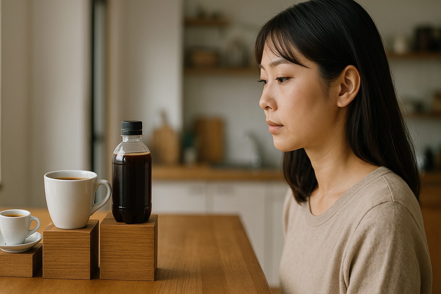 コーヒーカフェイン量ランキングを前にする日本人女性