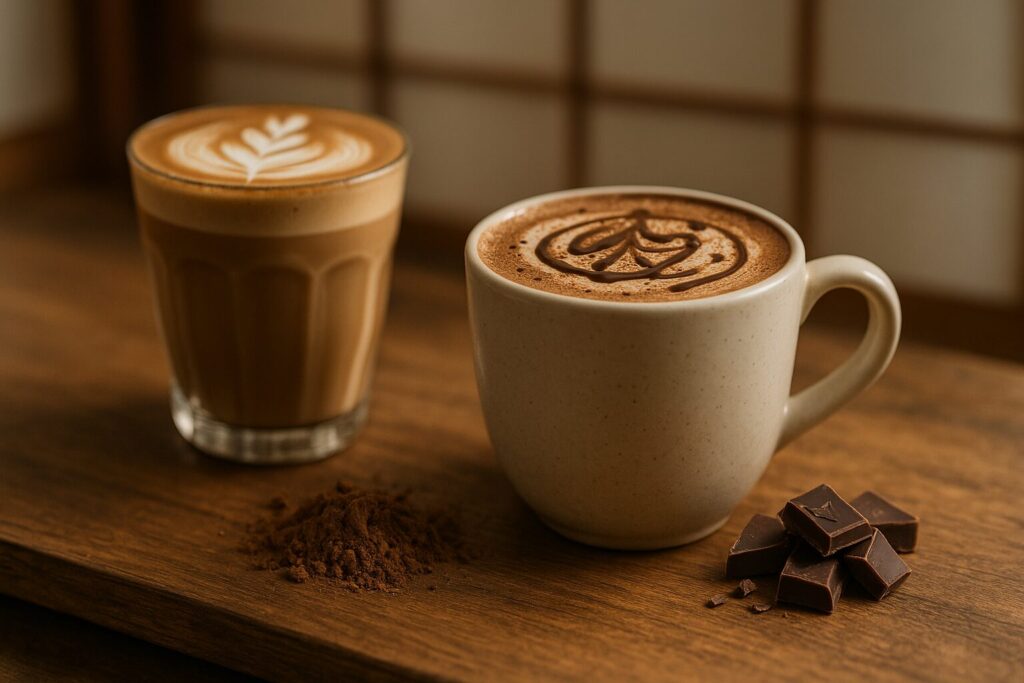 モカとラテの違いを示す二杯のコーヒー