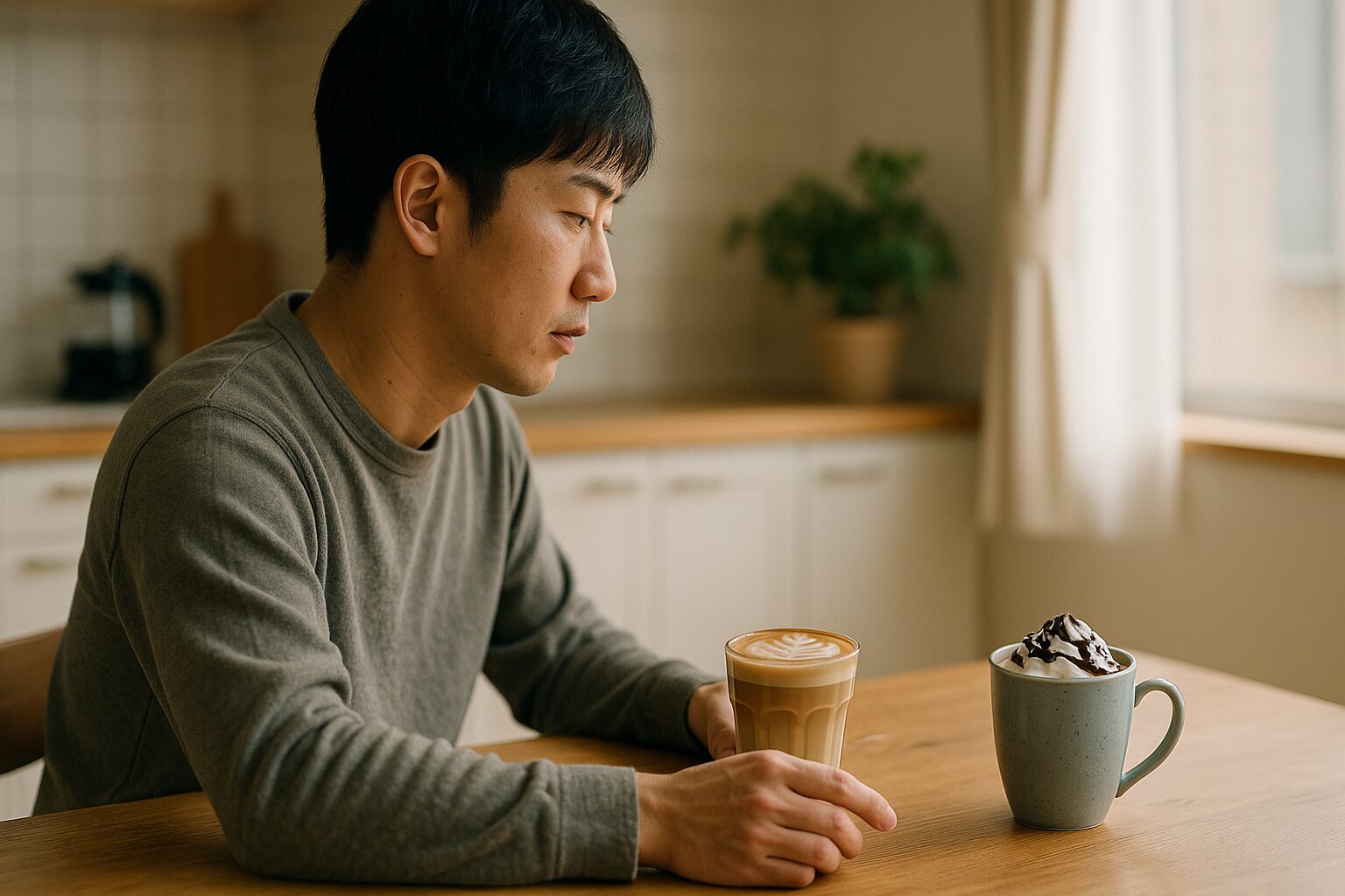 モカとラテの違いを選ぶ日本人男性