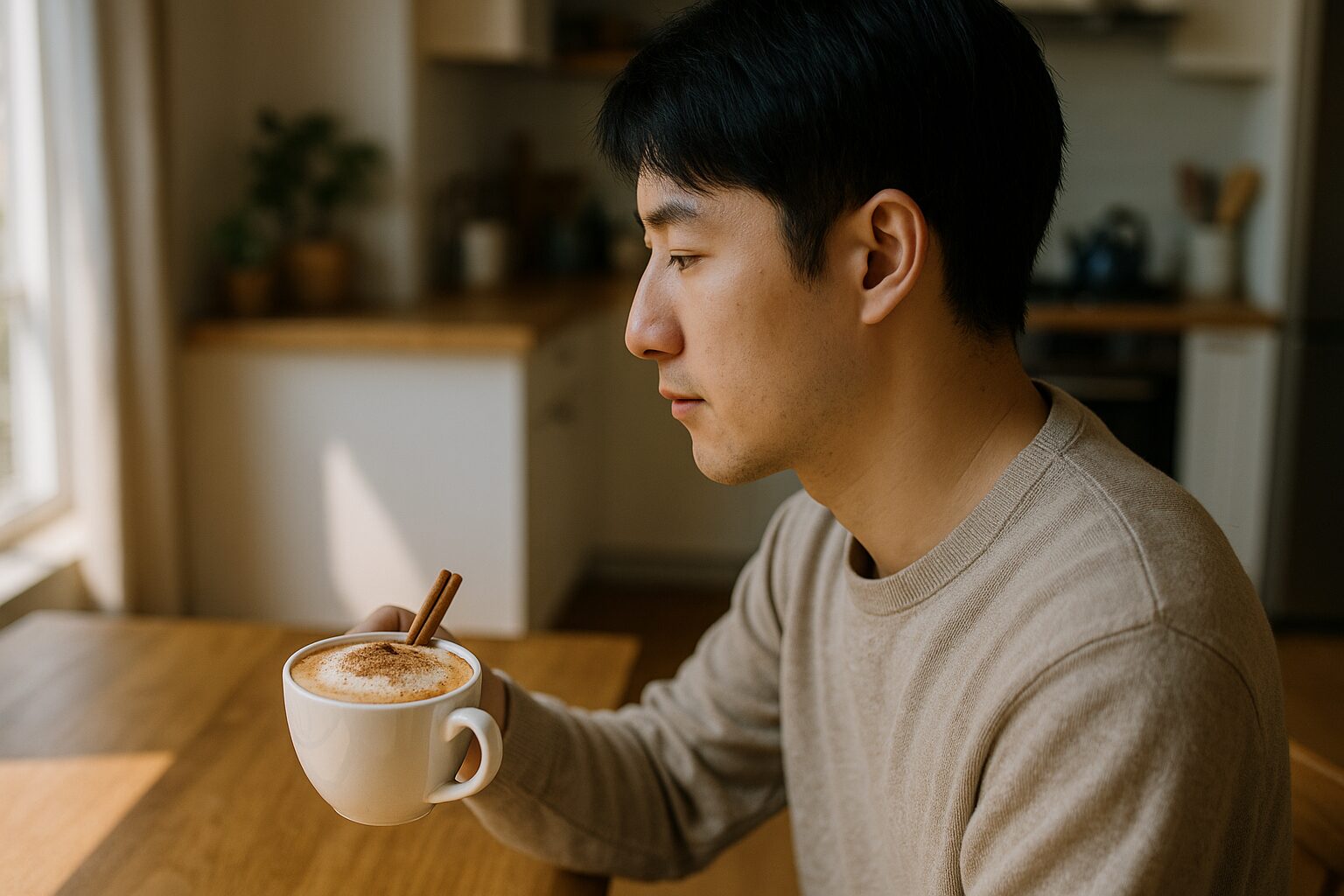 カプチーノとはシナモンを添える日本人男性