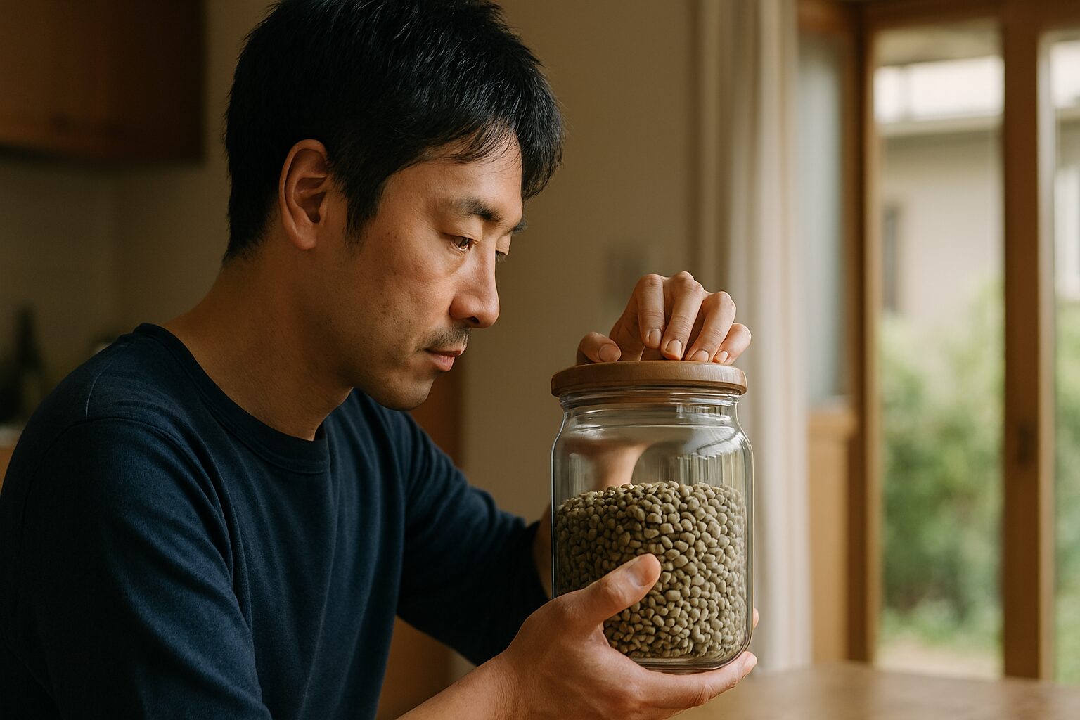 コーヒー生豆を保存容器で確認する男性