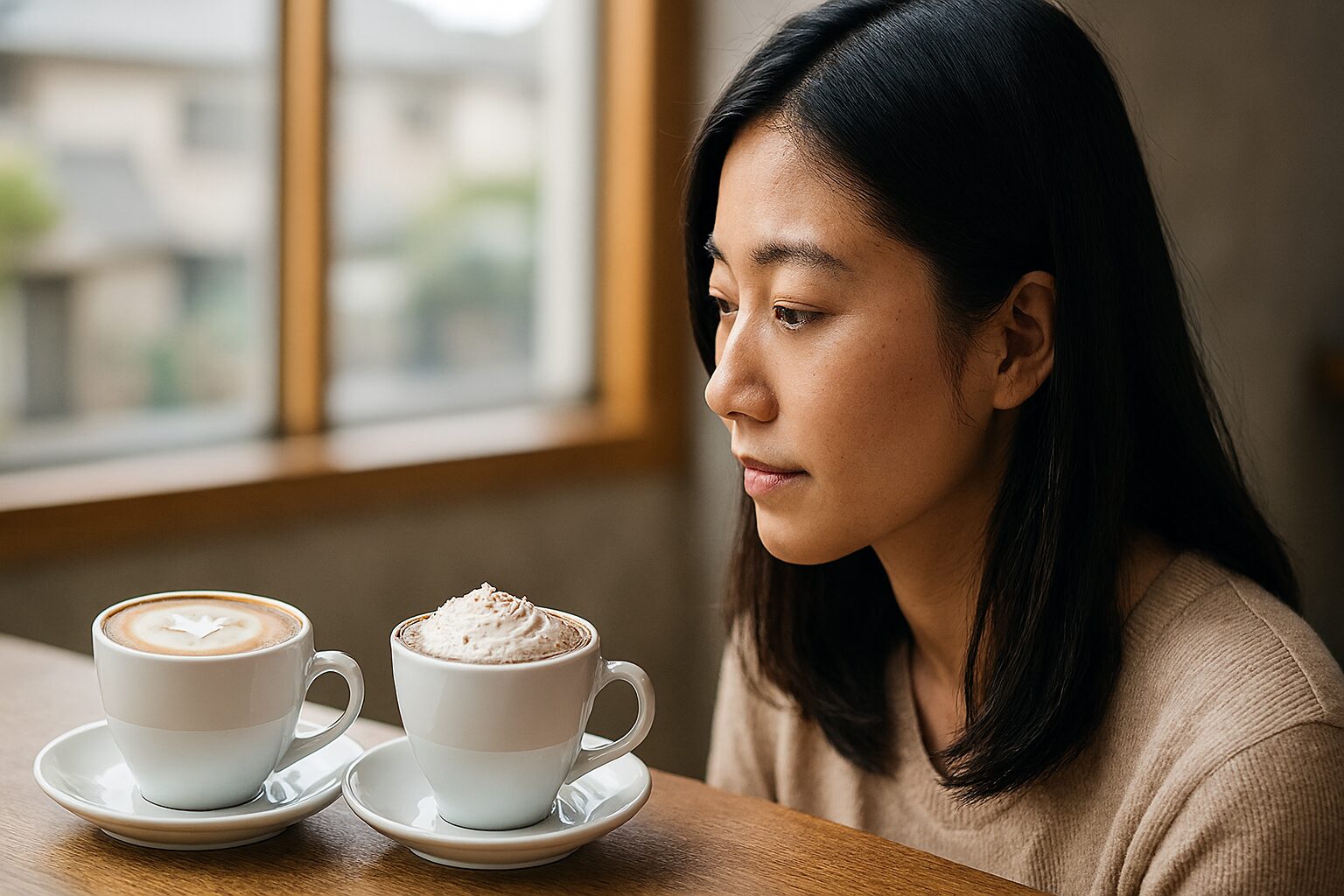 かふぇらてかふぇもか違いを見つめる女性