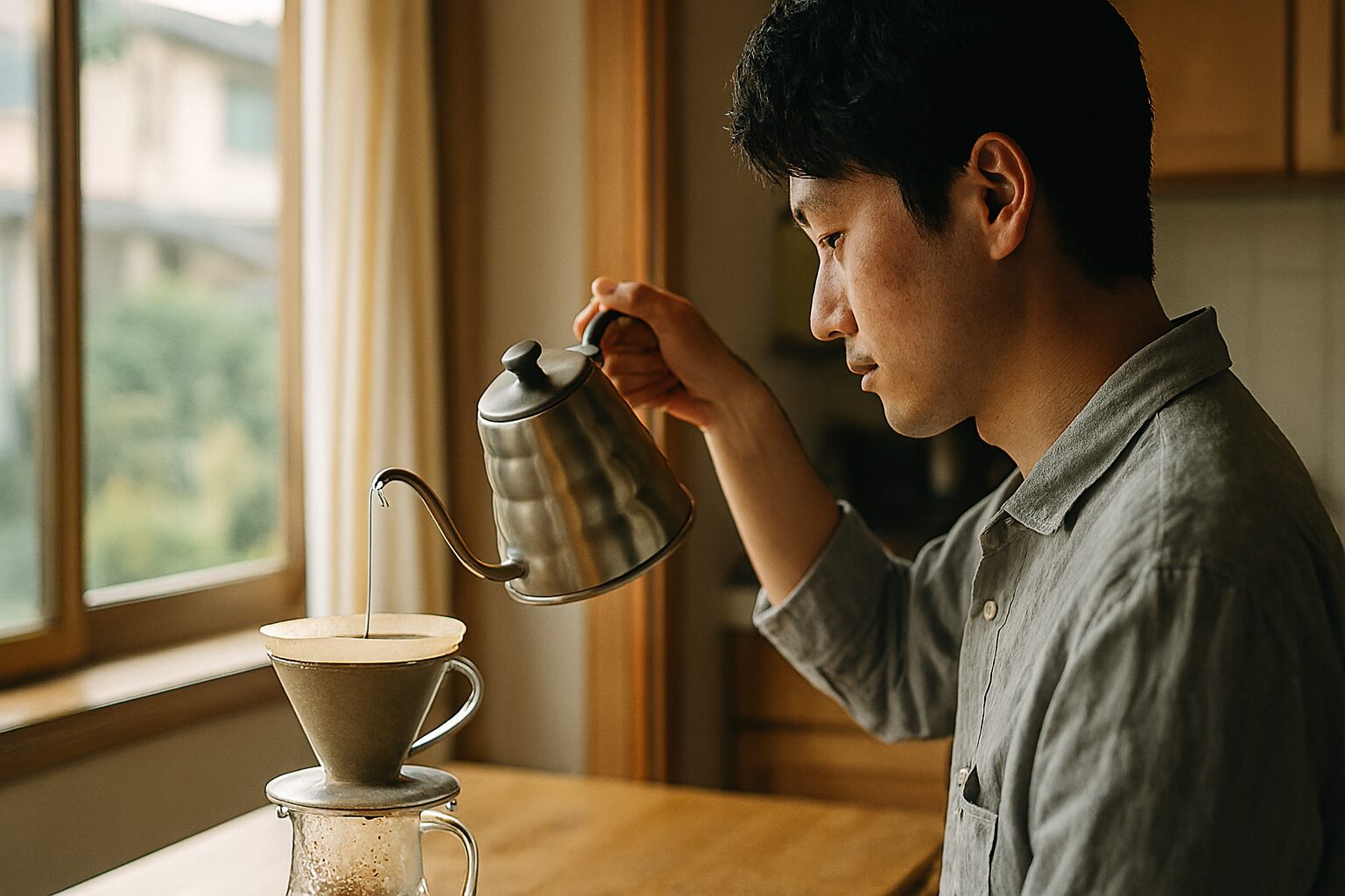 コーヒー酸っぱい入れ方を実践する男性