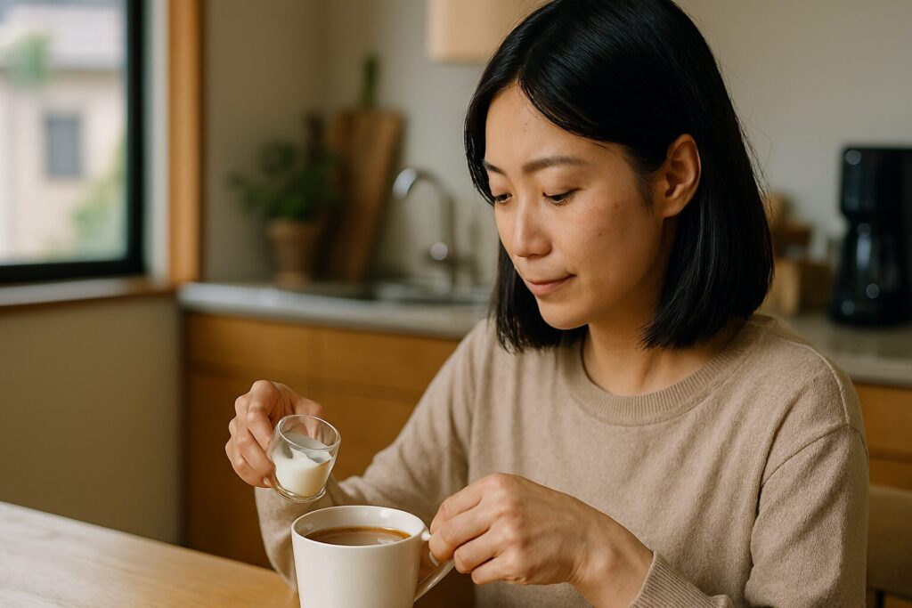 コーヒーにクリープを加えてまろやかに仕上げる様子