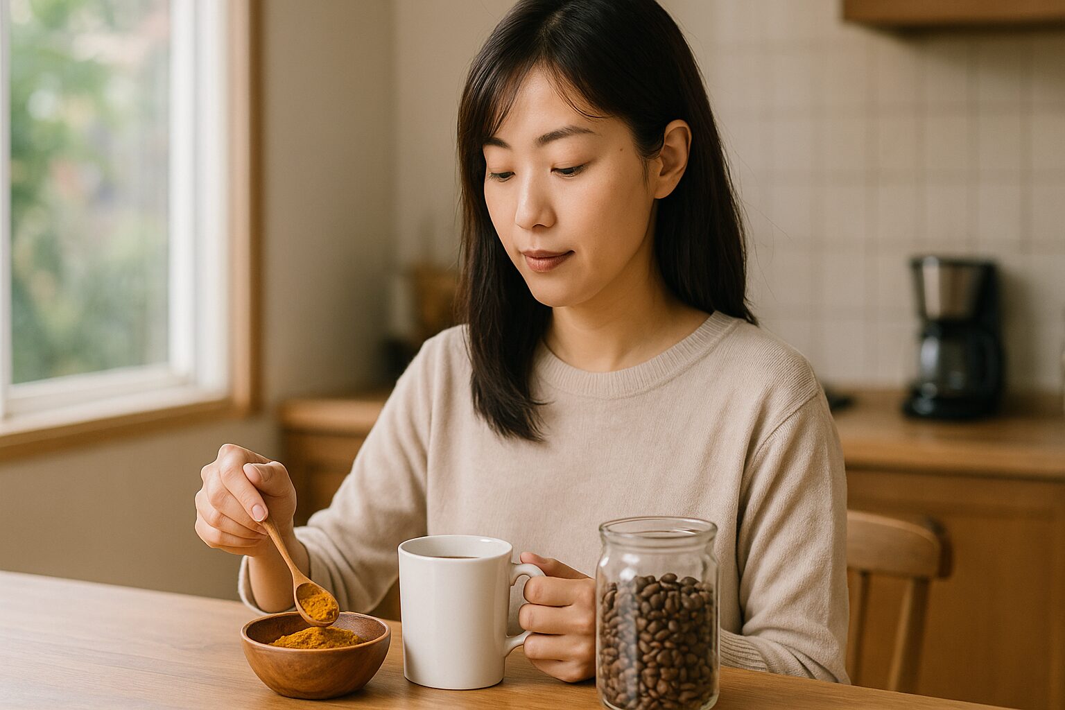 カレー隠し味コーヒーを試す女性
