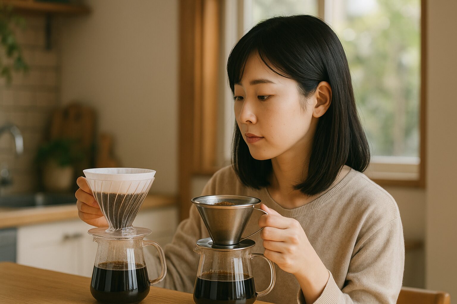 コーヒー ドリッパー 100均 違いを淹れ比べる女性