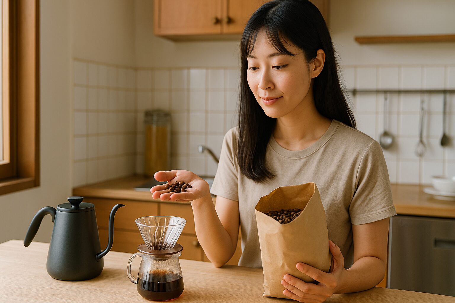 コーヒー豆グレードを選ぶ日本人女性