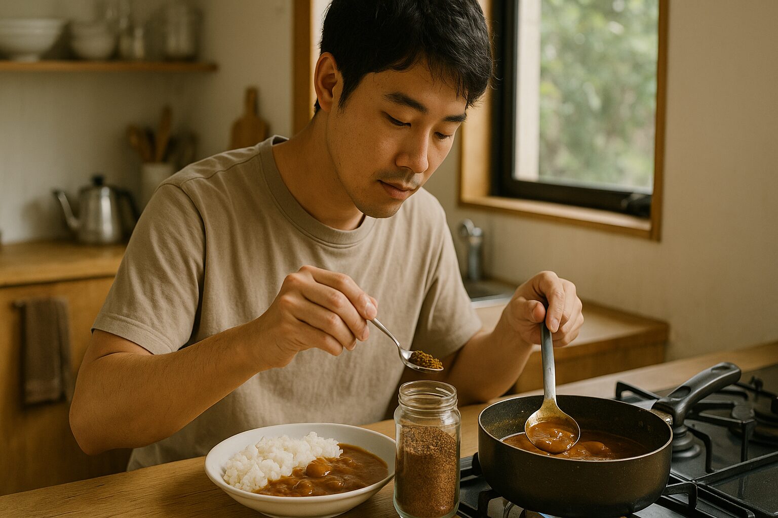 インスタントコーヒー カレーを作る日本人男性