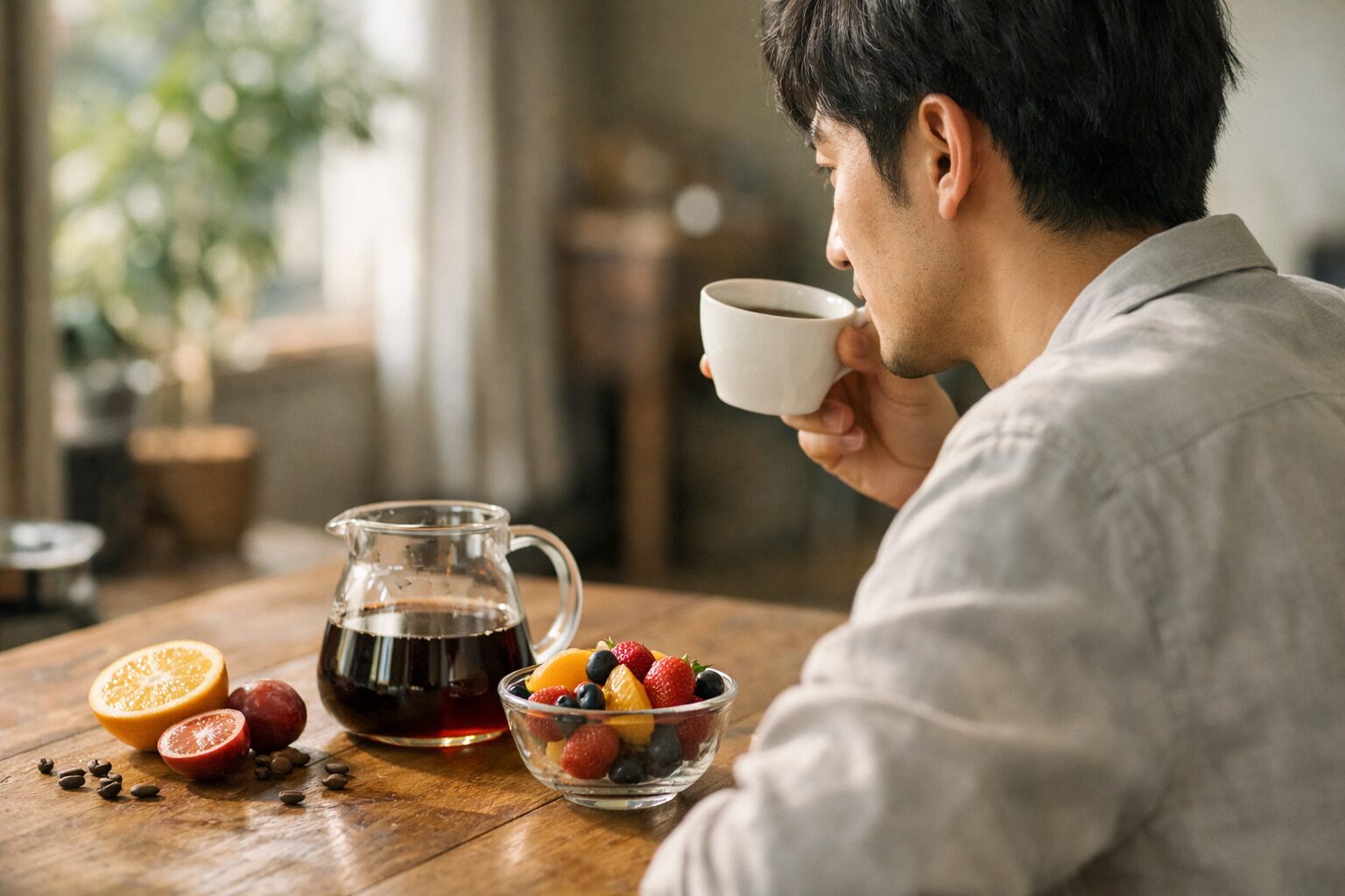 フルーティーなコーヒーを味わう日本人男性