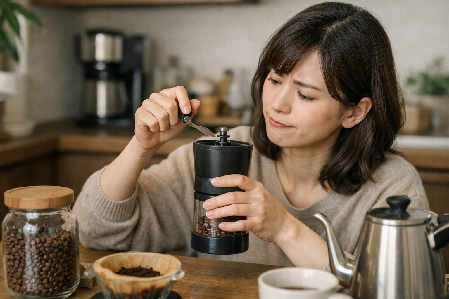 日本人女性がニトリのミルで挽けず困る様子