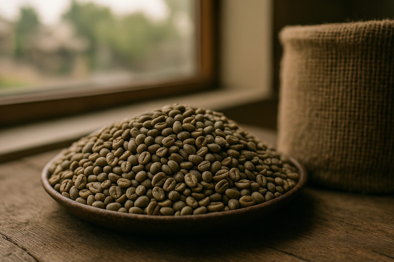 焙煎前のコーヒー豆が木皿に広がる