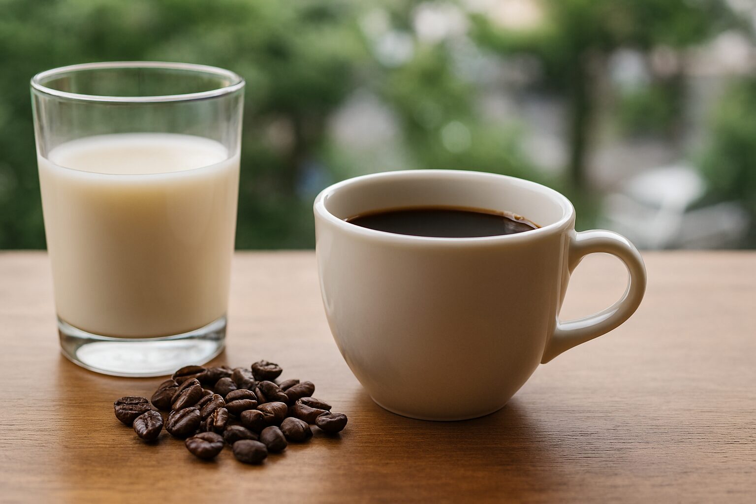 コーヒーミルク体に悪いを示す木製テーブルの情景