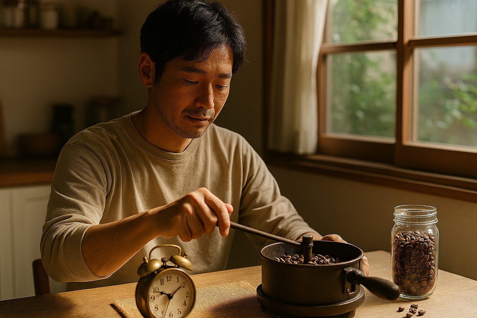 珈琲焙煎時間に向き合う日本人男性