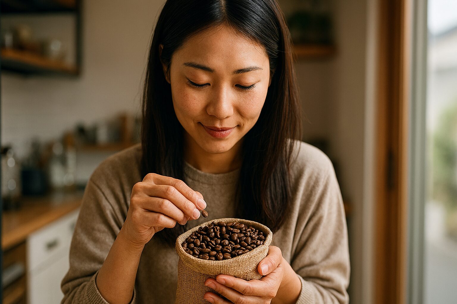 日本人女性がコーヒー豆入門を楽しむ