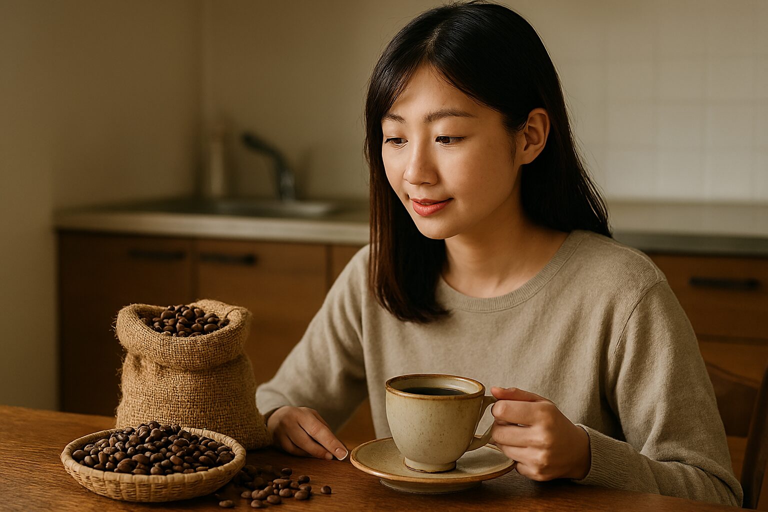 コーヒー エチオピア 種類を楽しむ日本人女性