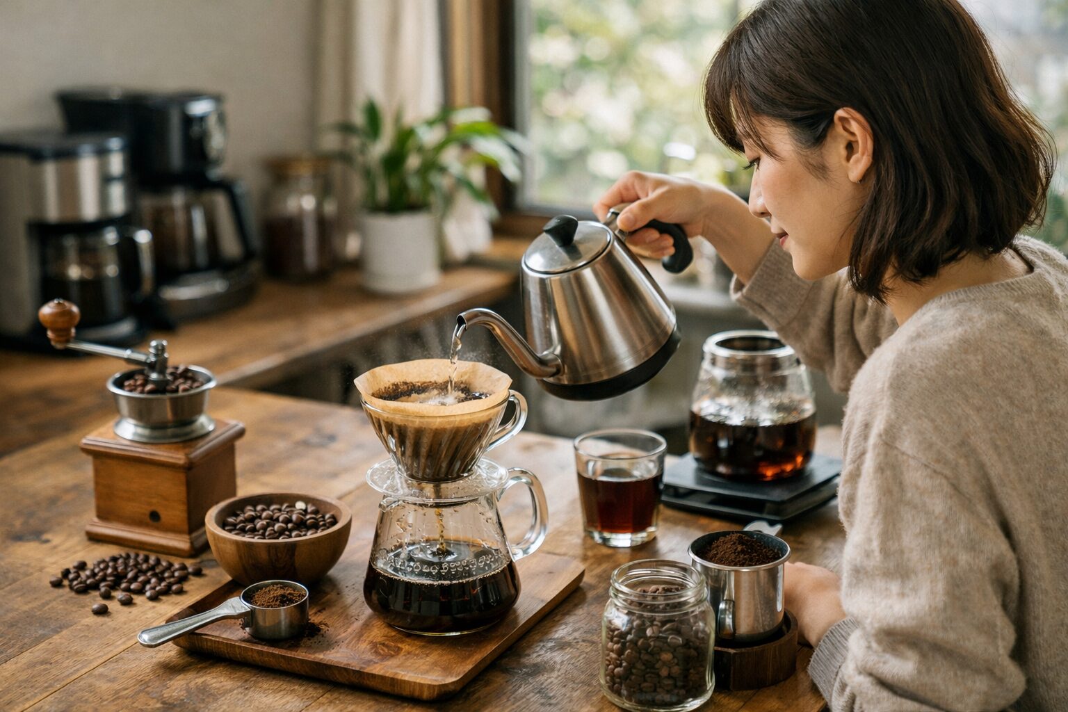 日本人女性のコーヒーDIY作業
