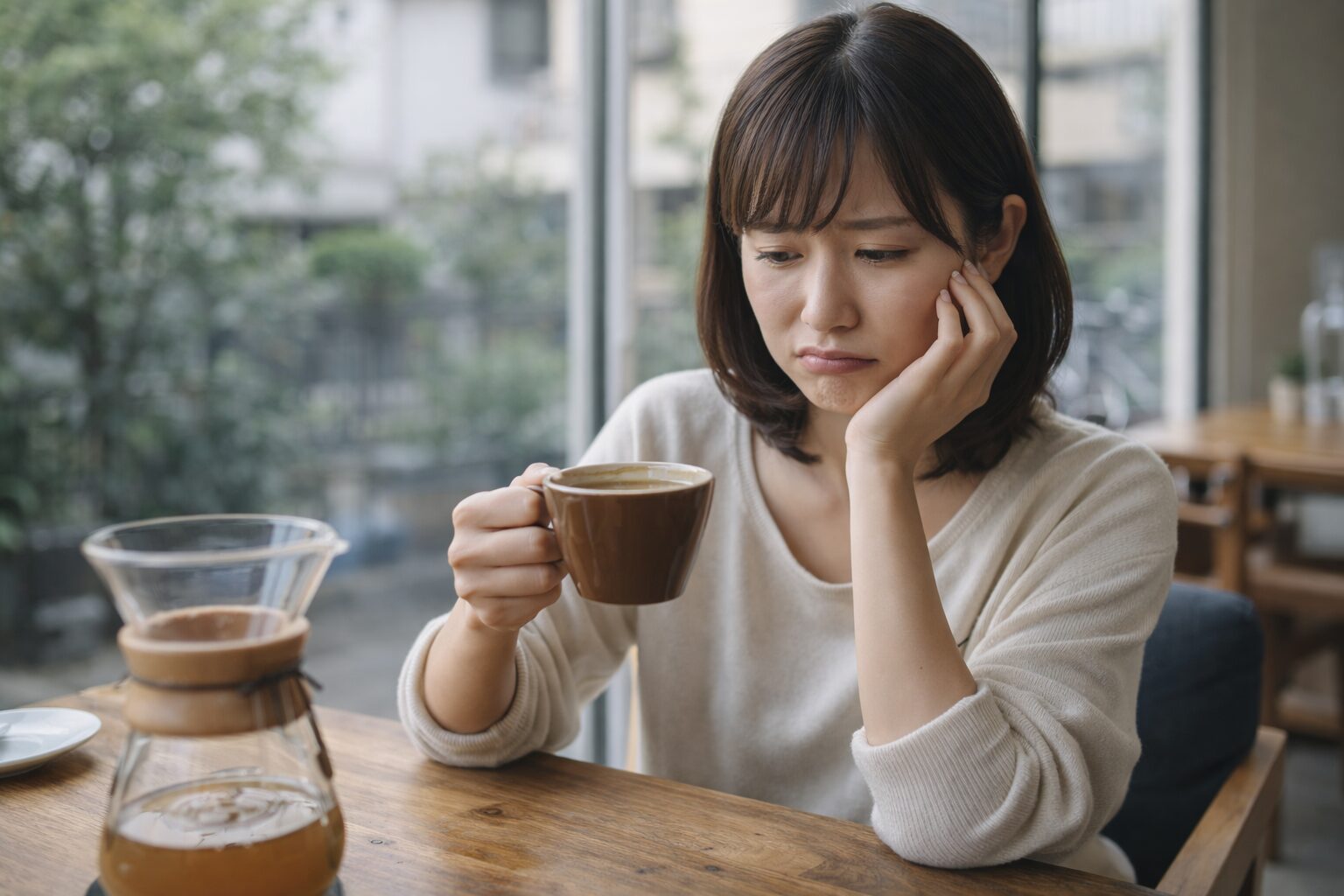 浅煎りコーヒーを飲んで味を確かめる日本人男性