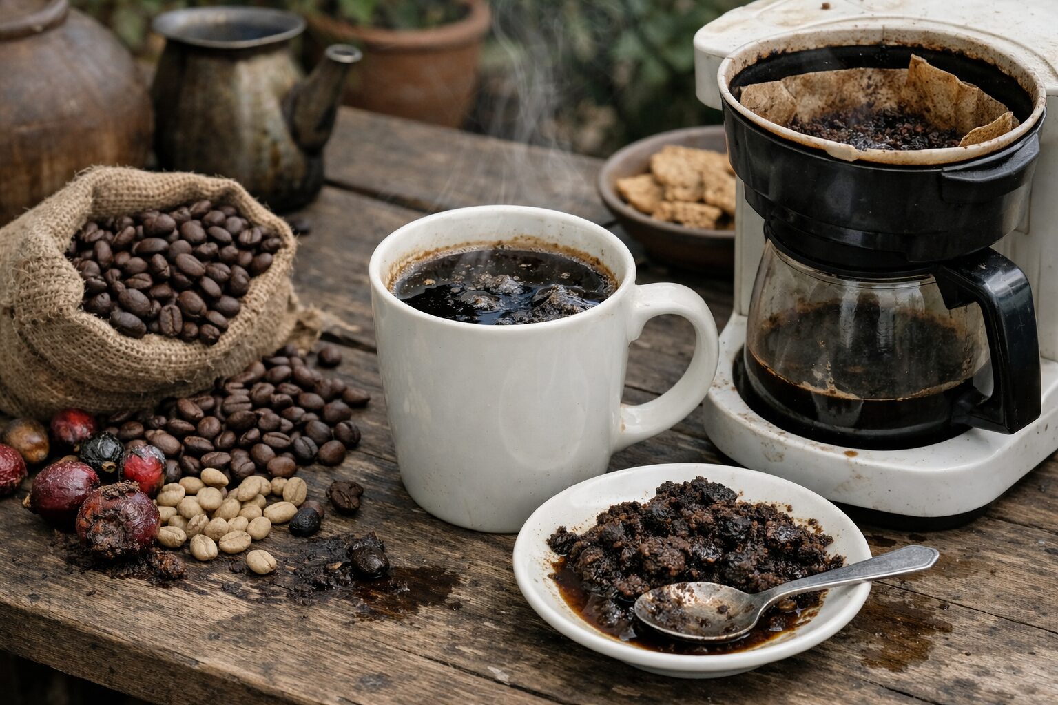 苦味に顔をしかめる日本人男性とグアテマラコーヒー