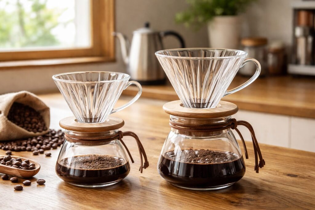 ハリオ ドリッパー01と02の違いを比較したコーヒー器具の画像