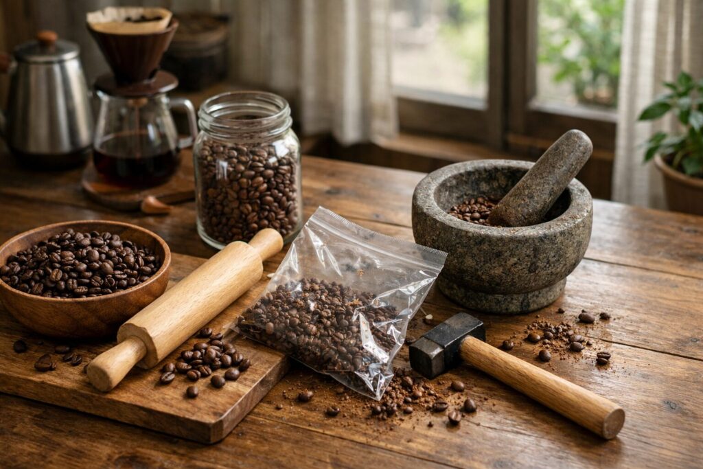 コーヒー豆をミルなしで挽くための道具