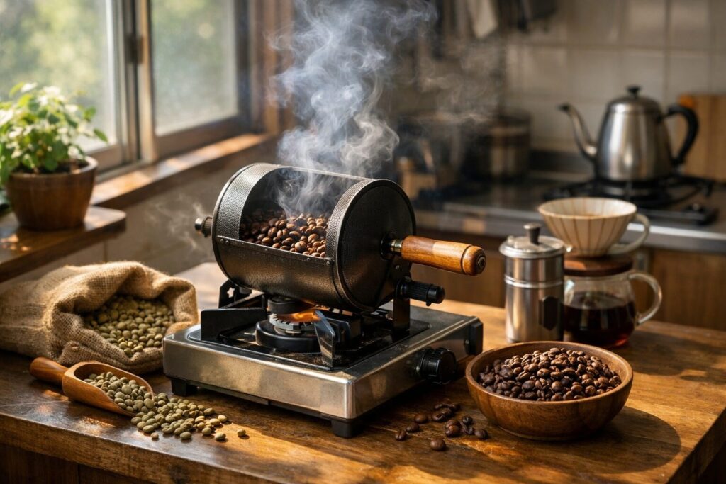 自宅でコーヒー豆を焙煎する様子と香り