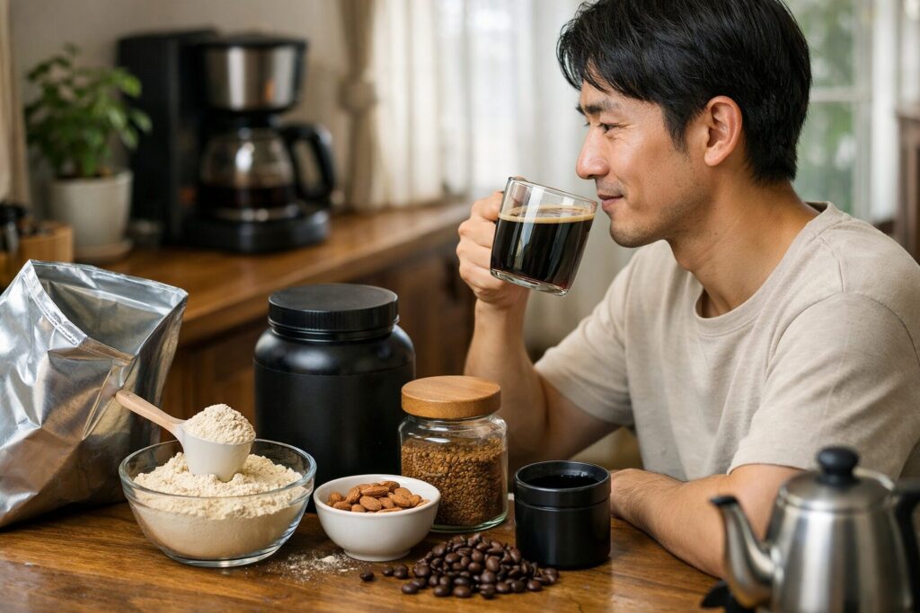 インスタントコーヒーを飲む日本人男性