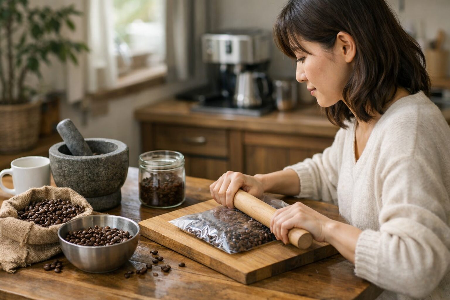 日本人女性がミルなしでコーヒー豆を挽く