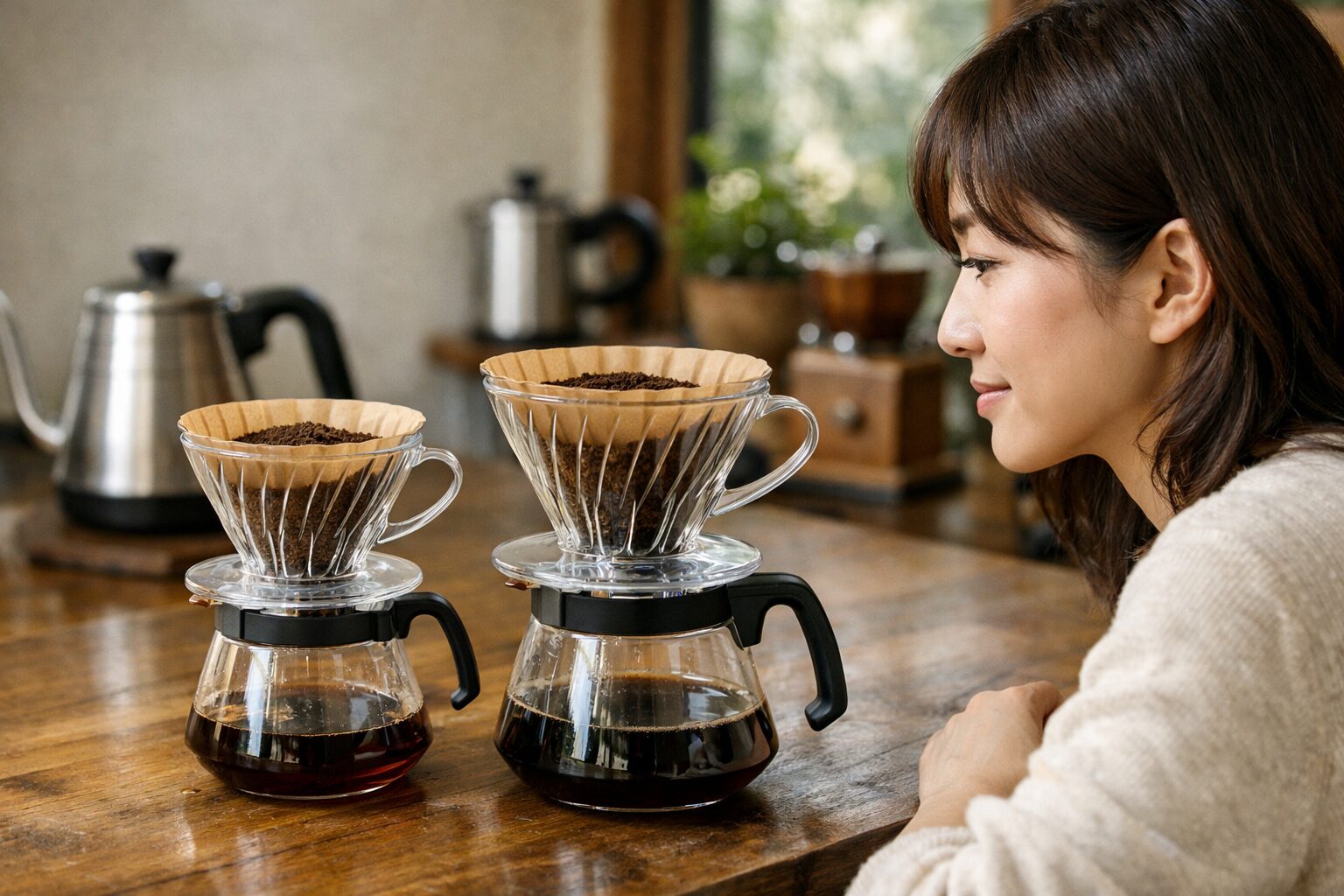 日本人女性がハリオ ドリッパー01と02の違いを紹介するコーヒー器具の画像