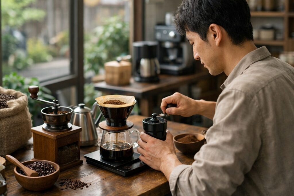 挽きたてコーヒーを淹れる日本人男性