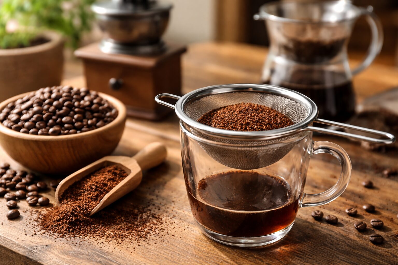 茶こしでコーヒーの微粉を除去