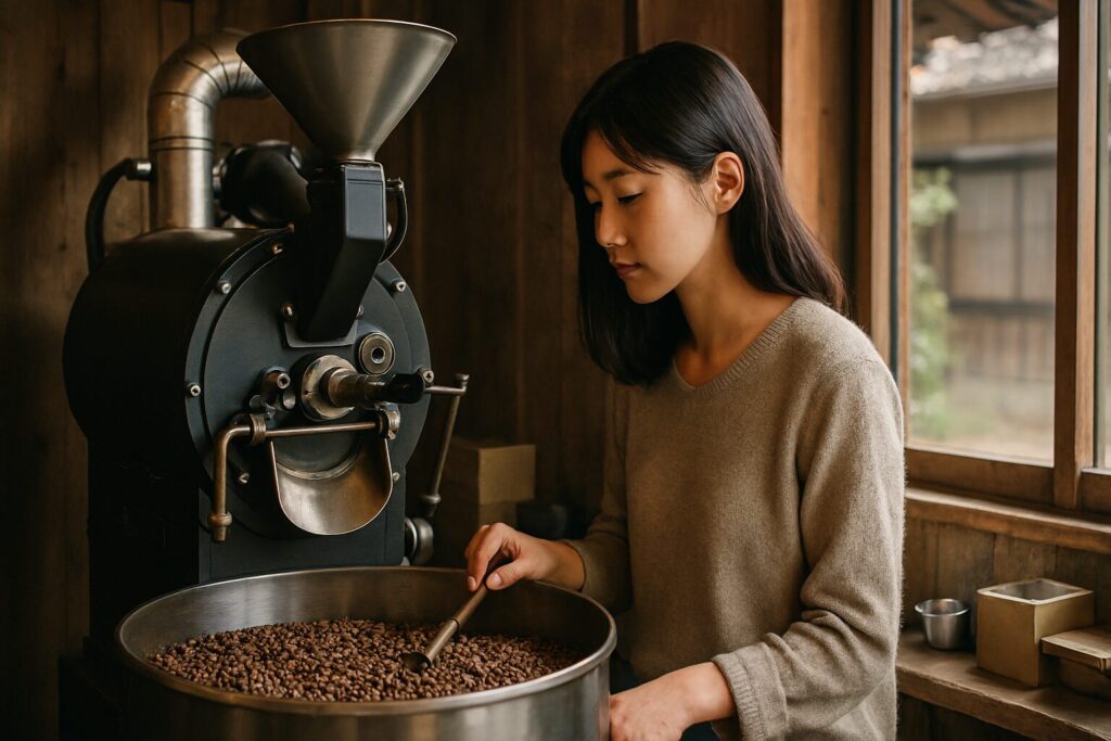 焙煎小屋で作業する日本人女性