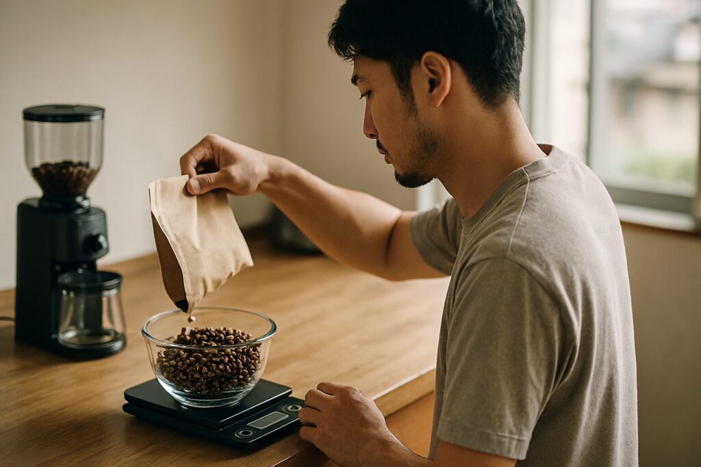 日本人男性が計るコーヒーccとグラム
