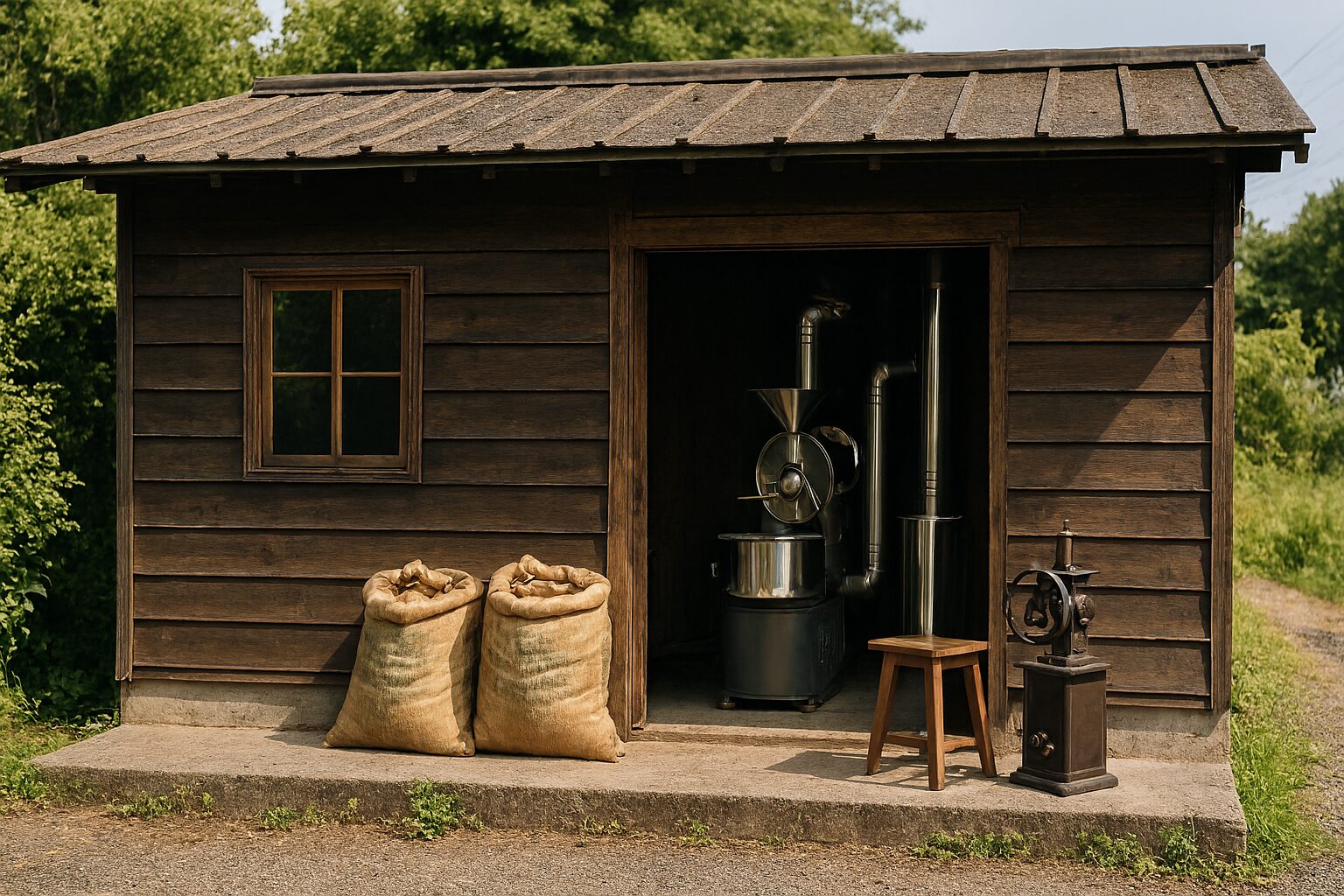 焙煎小屋の外観と焙煎設備