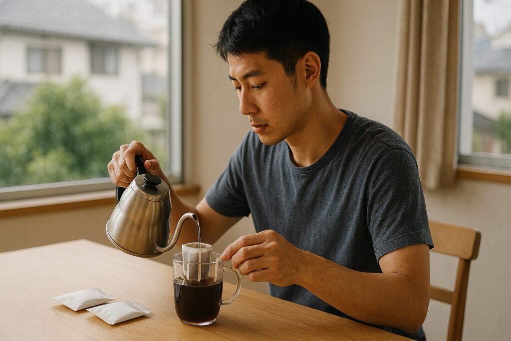 ドリップバッグ原価を確認する日本人男性