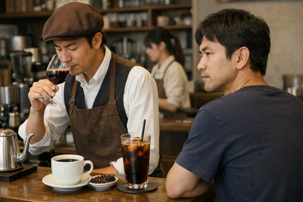 コーヒーソムリエを学ぶ日本人男性
