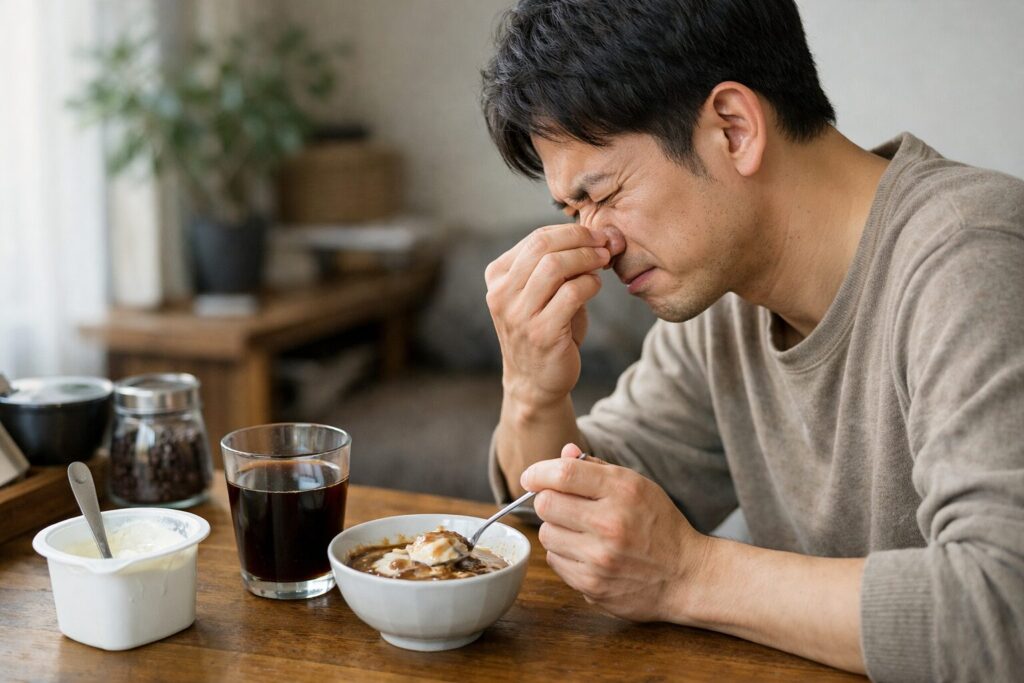 日本人男性がコーヒーヨーグルトを試す