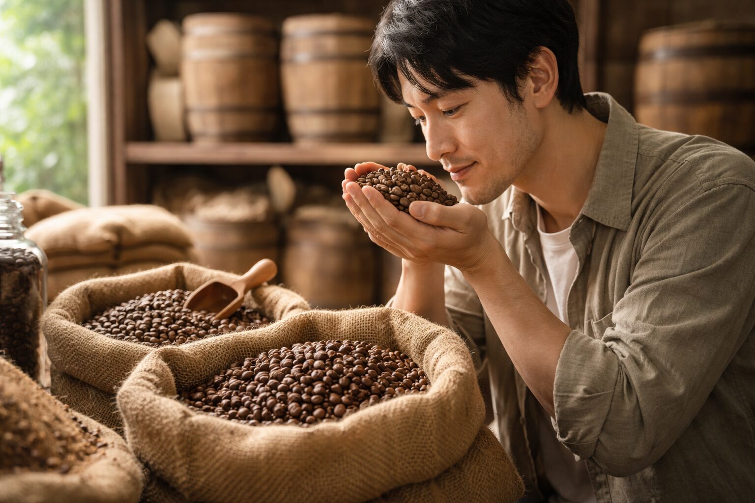 熟成コーヒーを管理する日本人男性