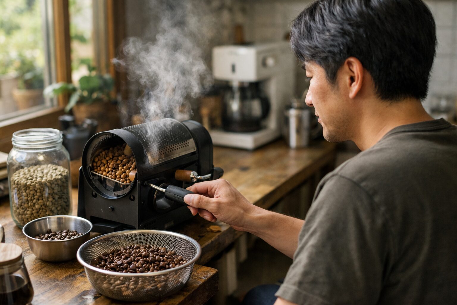 自宅で焙煎する日本人男性とコーヒー豆