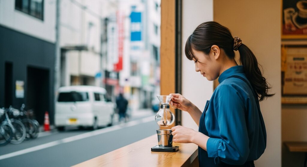 日本人女性がコーヒーを淹れる手元