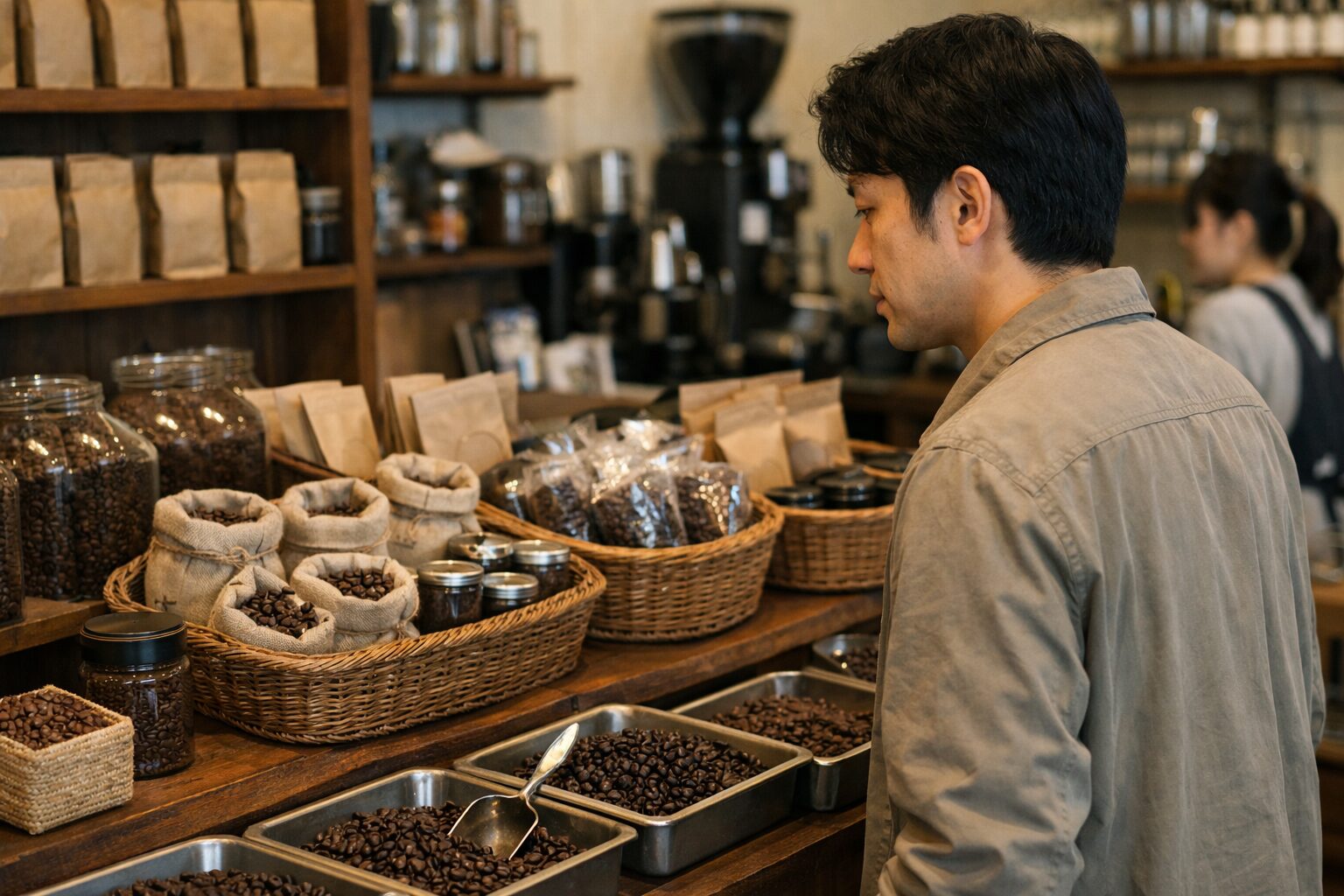 日本人男性がコーヒー豆を選ぶ様子
