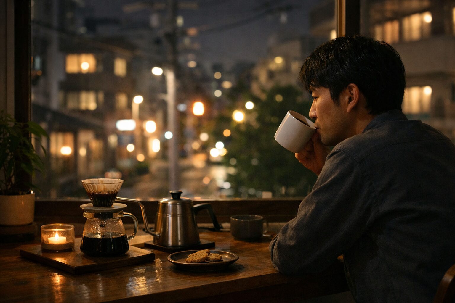 夜にコーヒーを楽しむ日本人男性の手元