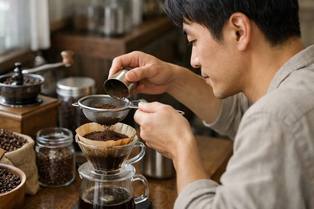 日本人男性がコーヒー微粉を茶こしで除去