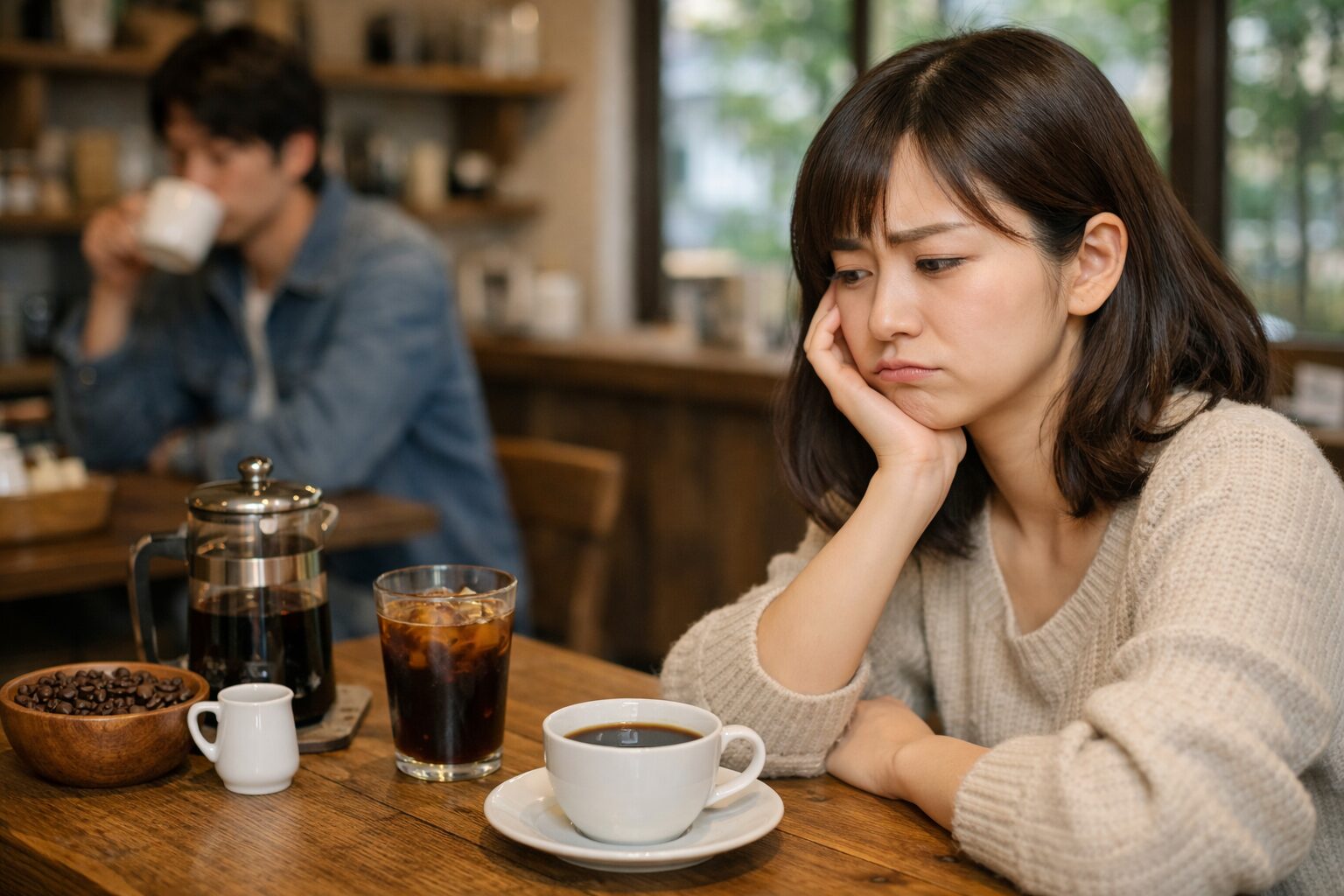 コーヒーの良さを探ろうとする日本人女性