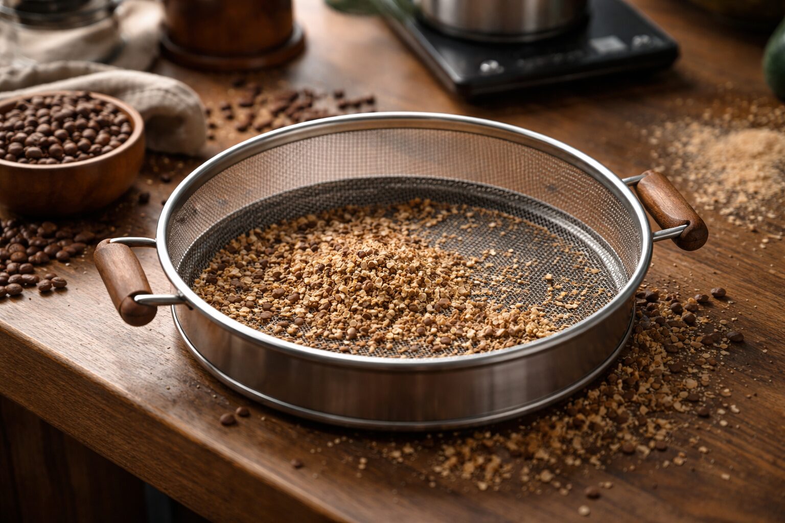 焙煎後のコーヒーチャフをふるい分け