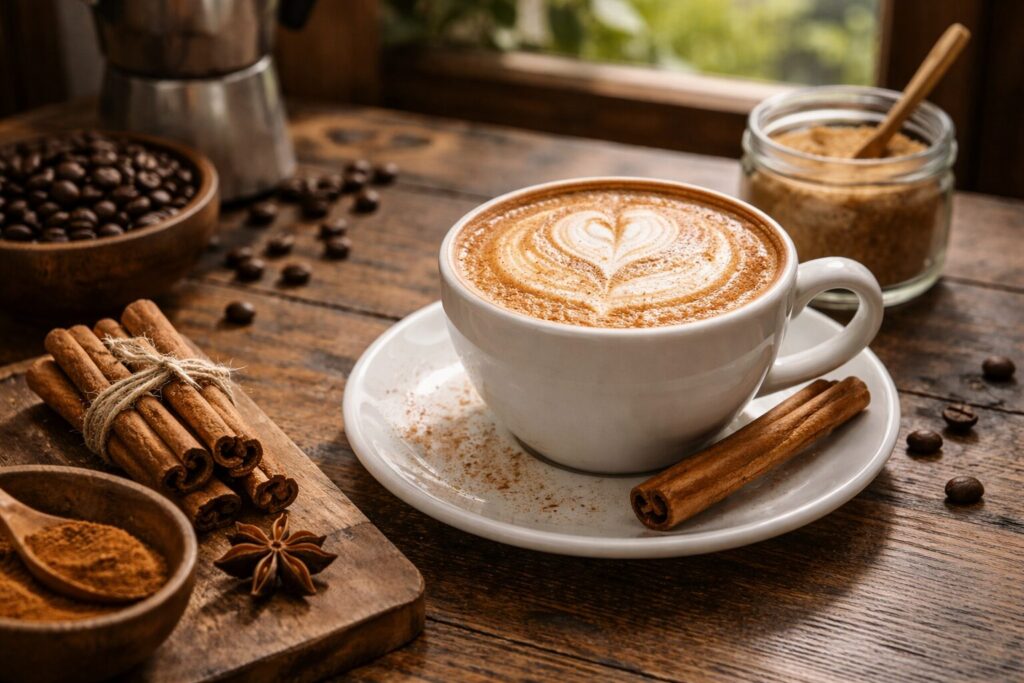 シナモンスティックを添えたカプチーノ