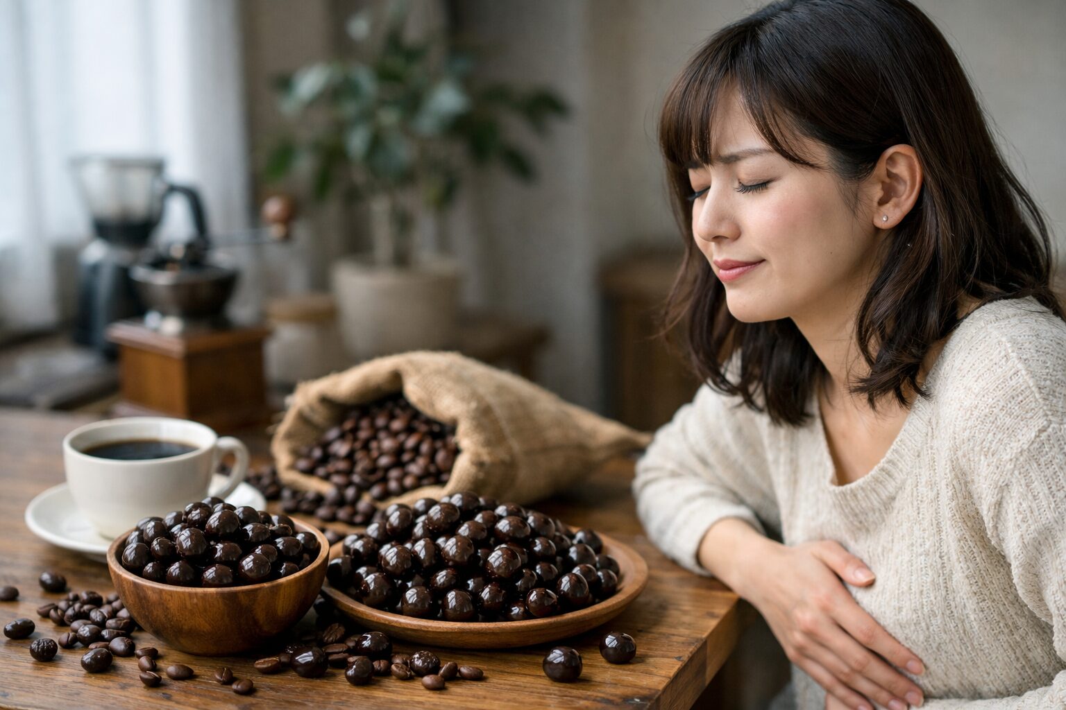 コーヒービーンズチョコを食べ過ぎる日本人女性
