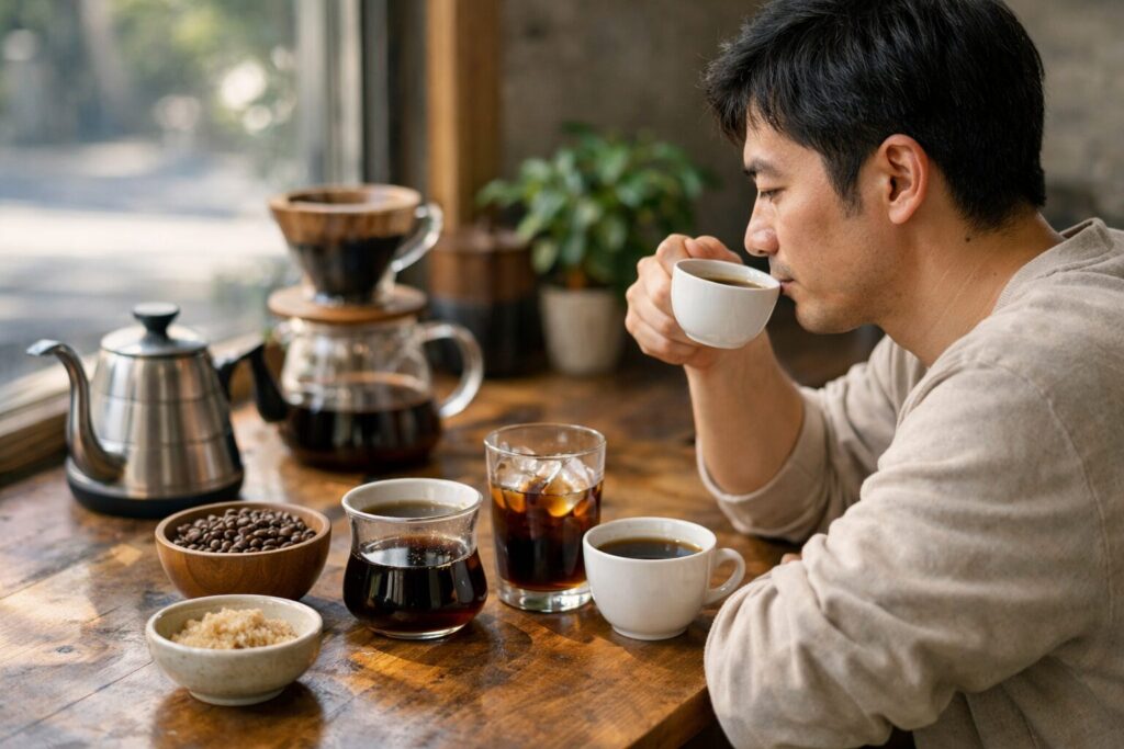 コーヒーの酸味を抑える日本人男性