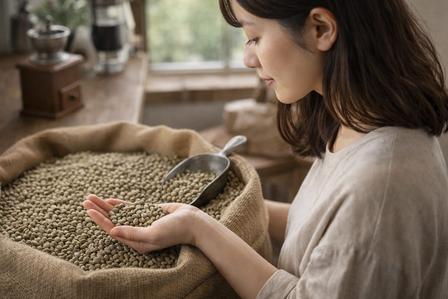 日本人女性が焙煎前のコーヒー豆を確認