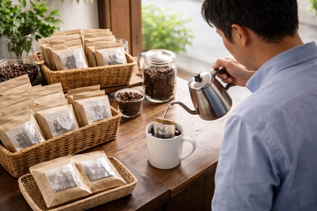 ドリップバッグ販売の許可を確認する日本人男性