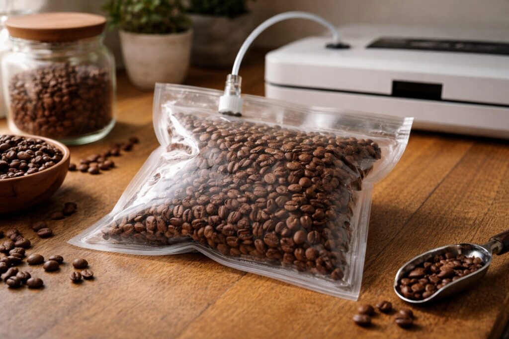 真空容器でコーヒー豆を保存する手順